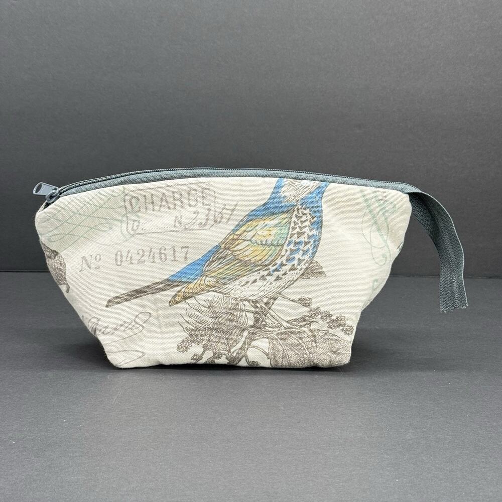 Nixon & Norman Beige Bird Leaf Cloth Zipper Make Up Cosmetic Bag 10 in